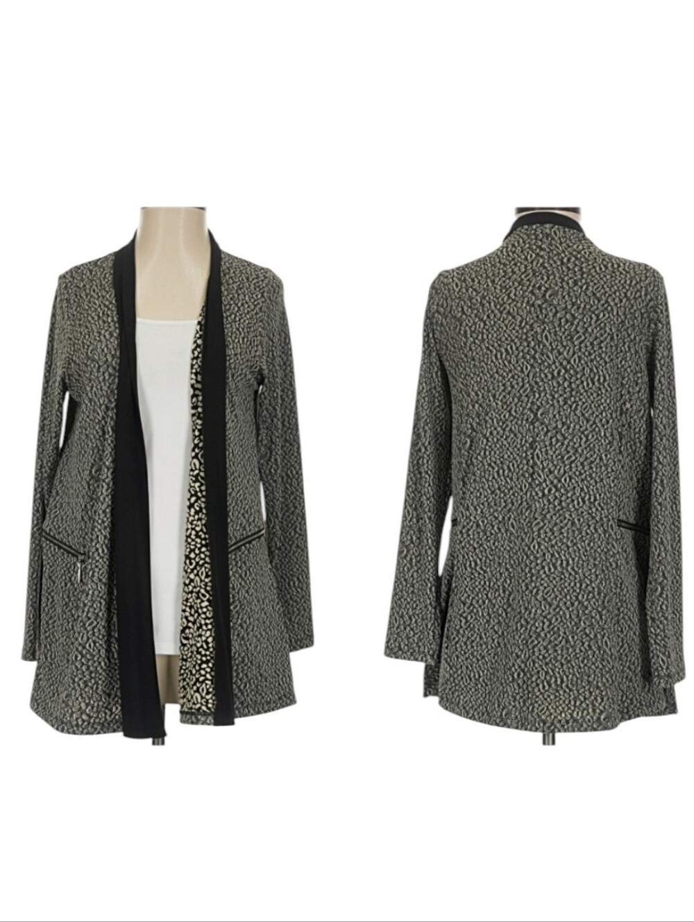 Sun Kim Womens Jacket Open Front Animal Print Zipper Detail Black Tan Size S